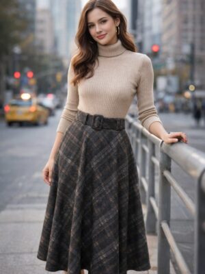 6856 Falda cuadro cinturon gris oscura